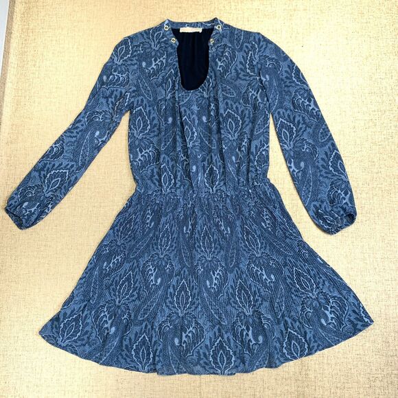 Michael Kors Blue Paisley Peasant Sleeve U Neck sheath Chiffon Dress formal - Picture 15 of 16
